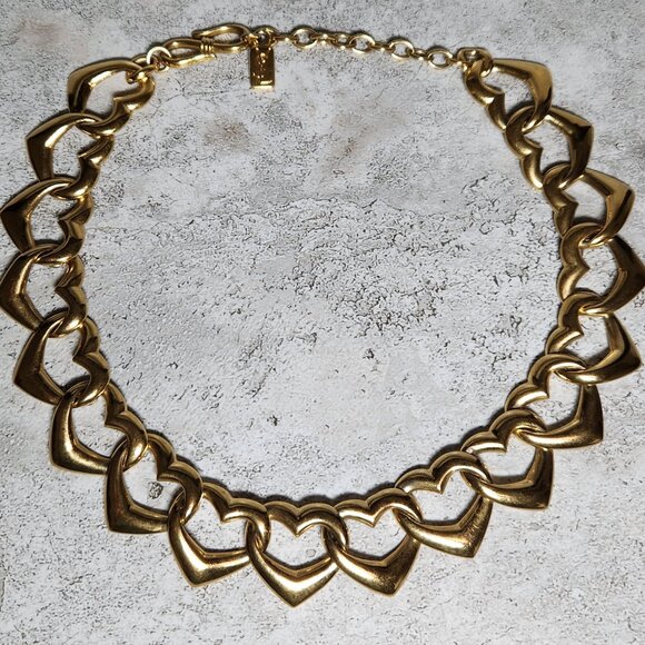 Vintage 20" Yellow Gold YSL Yves Saint Laurent Interlocked Heart Chain Necklace - Picture 1 of 16